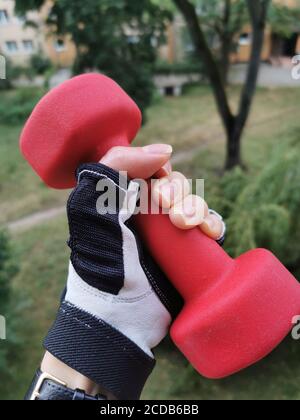 Weibliche Hand hält eine rote Hantel auf einem Hintergrund von Bäumen. Stockfoto