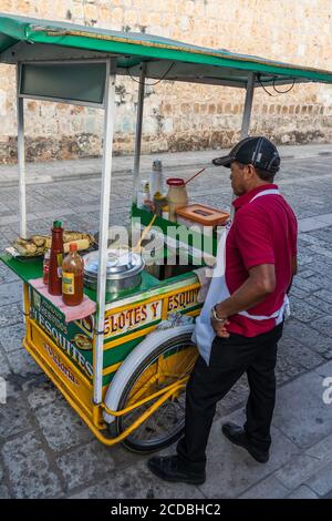 Ein Verkäufer, der Eloten und Ezitate auf der Straße im historischen Zentrum von Oaxaca, Mexiko verkauft. Elotes sind Mais auf dem Kob, die zuerst gekocht werden, dann Stockfoto