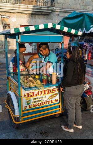 Ein Verkäufer, der Eloten und Ezitate auf der Straße im historischen Zentrum von Oaxaca, Mexiko verkauft. Elotes sind Mais auf dem Kob, die zuerst gekocht werden, dann Stockfoto