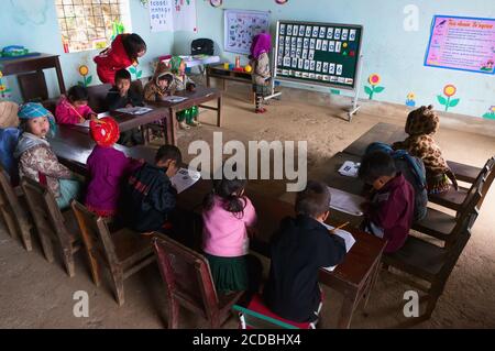Terrassenförmig angelegtes Reisfeld im Nebel und Morgenstrahl in Mu Cang Chai Vietnam Stockfoto