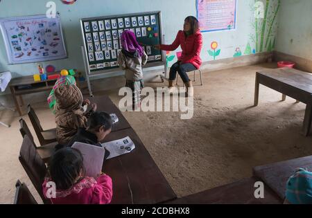 Terrassenförmig angelegtes Reisfeld im Nebel und Morgenstrahl in Mu Cang Chai Vietnam Stockfoto
