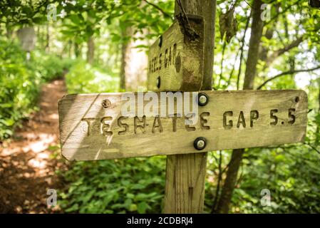 Hölzerne Trail Marker auf dem Appalachian Trail am Neels Gap in Blairsville, Georgia, USA. Stockfoto