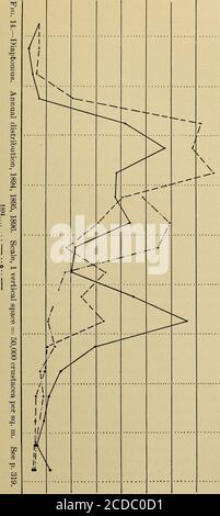 . Die Kruste des Planktons, Juli, 1894-Dez., 1896 . ringder halbe Monat. Diese Zahlen zeigen, dass Diaptomus beginnt zu sinken towardits Winterzustand früh im Herbst. Es gibt keine marketed Fortpflanzungsperiode im Herbst, die die Individualenliefert, die über Winter leben sollen, aber die Zahlen stetig andrather rapide nach der Zeit, wenn der See dezidly von seiner Sommertemperatur abgekühlt hat sinken. Die Tabelle zeigt auch, dass die Sterblichkeit im Winter sehr klein sein muss. Trotz der Tatsache, dass es keine Fortpflanzung gibt, zeigen die Zahlen einen sehr geringen Rückgang nach der Winterconditio Stockfoto