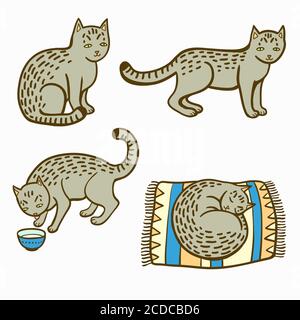 Cute Cartoon tabby Katze in verschiedenen Situationen, Essen, Schlafen und Sitzen. Stock Vektor