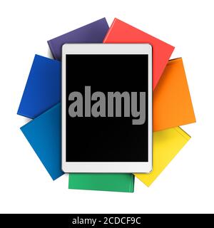 Tablet auf Stapel von Büchern in Regenbogenfarben, Vorderansicht Stockfoto