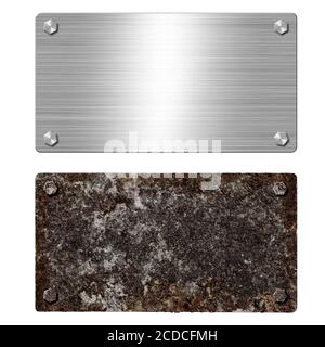 Schild aus glänzendem gebürstetem Metall, Aluminium oder Stahl. Rostige Stahlplatte mit Bolzen und abgerundeten Ecken. Textur und Hintergrund poliert glänzend und rostig Stockfoto