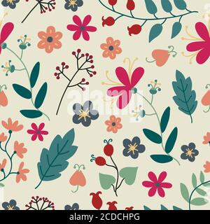 Nahtloses Muster mit niedlichen Pflanzen und Blumen. Stock Vektor