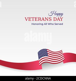 Happy Veterans Day Banner. Winkende amerikanische Flagge auf hellem Hintergrund. US-Nationalfeiertag 11. november. Poster, Typografie Design, Vektorgrafik Stock Vektor