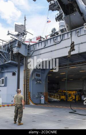 200823-N-NJ919-1063 PHILIPPINISCHES MEER (AUG 23, 2020) die der 31. Marine Expeditionary Unit zugeordneten Marineinfanteristen führen Schnellseil-Erhaltungsschulungen an Bord des nach vorne eingesetzten amphibischen Sturmschiffs USS America (LHA 6) durch. Amerika, Flaggschiff der America Expeditionary Strike Group, ist im Verantwortungsbereich der 7. Flotte der USA tätig, um die Interoperabilität mit Verbündeten und Partnern zu verbessern und als einsatzbereite Einsatztruppe für die Aufrechterhaltung von Sicherheit und Stabilität in der Indo-Pazifik-Region zu dienen. (USA Navy Foto von Mass Communication Specialist 3rd Class Walter Estrada) Stockfoto