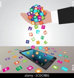 Hand lädt und installiert Apps auf dem Smartphone Stock Vektor