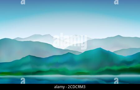 Bergsee friedliche Landschaft, neblig ruhigen natürlichen Hintergrund. Blaue Berg- und Hügellandschaft. Vektorgrafik. Stock Vektor