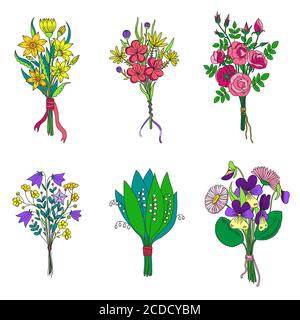 Set mit handgezeichneten Cartoon niedlichen minimalistischen Blumensträuße Stock Vektor