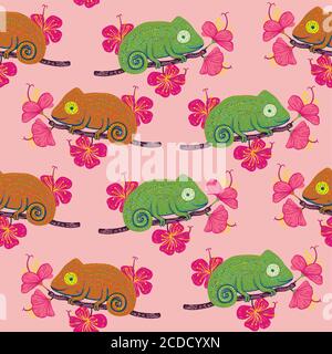 Chamäleon auf einem Zweig mit Hibiskusblüten nahtloses Muster Stock Vektor