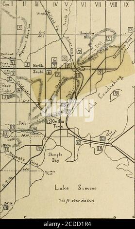 . Notizen von Standorten von Huron Dörfer in der Gemeinde Tiny, Simcoe County, und angrenzenden Teilen. Vorbereitet mit Blick auf die Identifizierung der Dörfer besucht und beschrieben von Champlain und die frühen Missionare. Teile der beiden Townships sind hügelig. Die Enden von zwei langen Graten kommen aus den angrenzenden Ortschaften entlang der Westseite, der eine aus Medonte in Nord-Orillia, der andere aus Orointo Süd-Orillia. Außerdem verläuft ein langer Grat über mehrere Kilometer durch die Ortschaften, nahe dem Lake Couchiching und parallel dazu. Diese markante Linie des hohen Bodens, die einen Nord-Osten nimmt Stockfoto