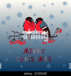Weihnachten niedliche Postkarte mit Bullfinken und Schneeflocken Stock Vektor