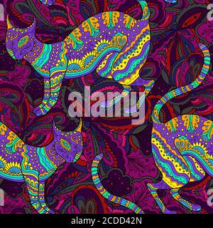 Nahtloses Muster mit ornamentaler psychedelischer Katze, Stock Vektor