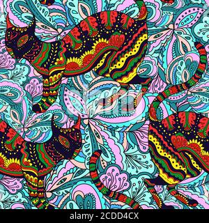 Nahtloses Muster mit ornamentaler psychedelischer Katze, Stock Vektor