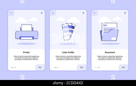Drucker Farbprofil Dokument Onboarding Bildschirm für mobile Apps Vorlage Bannerseite UI mit drei Varianten moderner flacher Outline Stil Stock Vektor