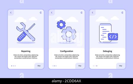 Reparieren Konfiguration Debuging Onboarding Bildschirm für mobile Apps Vorlage Bannerseite UI mit drei Variationen modernen flachen Umriss Stil. Stock Vektor