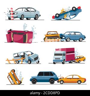Autounfall und beschädigte Fahrzeuge, Straßenunfall Kollision Stock Vektor