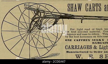 . Züchter und Sportler . SHAW CARTS ID SULKIES. Für leichte Straßen- oder Gleisnutzung, hergestellt aus dem besten ausgewählten Material. Kombiniert Leichtigkeit mit Eleganz und Leichtigkeit für Fahrer. Gewichte 70 bis H 0 lbs. Von den besten Reitern dieser Küste verwendet. Inspektion eingeladen,OXE CAFFKEY SUEKY ZUM VERKAUF BEI AItAHGtIS, WAGGONS & Light VEHICLES    . Auf Bestellung gefertigt und zur Hand gehalten, W. E. SHAW, 1621 MARKET STREET, SAN FRANCISCO, CAL.REPARATUR ERFOLGT – ALLE ARBEITEN SIND GARANTIERT. Studebaker Bros, Manufacttg Co Stockfoto