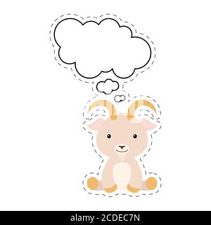 Niedliche Cartoon Ziege mit Rede Blase Aufkleber. Kawaii-Zeichen auf weißem Hintergrund. Cartoon sitzende Tier Postkarte Cliparts für Geburtstag, Baby-Dusche Stock Vektor