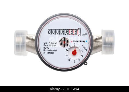Wasserzähler isoliert auf weißem Hintergrund Stockfoto