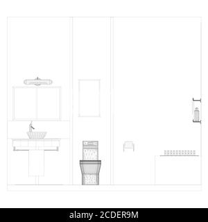 Wireframe Badezimmer Interieur aus schwarzen Linien auf weißem Hintergrund. Vorderansicht. 3D. Vektorgrafik Stock Vektor