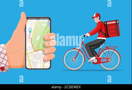 Smartphone mit App und Mann Fahrrad fahren mit der Box. Konzept der schnellen Lieferung in der Stadt. Männlicher Kurier mit Paketkasten auf dem Rücken mit Waren und Produkten. Cartoon flache Vektor-Illustration Stock Vektor