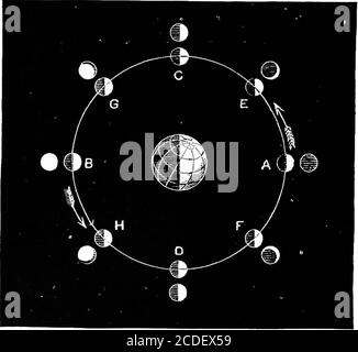 . Astronomie für Studenten und allgemeine Leser . d die Erde, ascan durch das Studium gesehen werden Abb. 56. Hier ist der Mittelglobus die Erde; der Kreis um ihn stellt die Orbitdes Mondes dar. Die Strahlen der Sonne fallen auf Erde und Mond von rechts, der Abstand der Sonne, auf der Kale der Figur, etwa 30 Fuß. Acht Positionen des Mondes werden um die Umlaufbahn bei A, E, C, etc. Herum angezeigt und die rechte Halbkugel des Mondes wird in jeder Position beleuchtet. Außerhalb dieser acht Positionen sind achtzig, die zeigen, wie der Mond aus dem Earthin jeder Position gesehen aussieht. Bei A ist es Neumond, Stockfoto