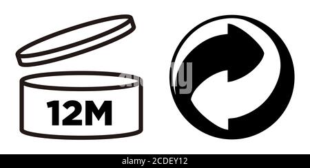 12 M Zeitraum nach dem Öffnen, PAO-Symbol und Green Point-Symbol für Kosmetikverpackungen. Stock Vektor