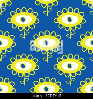 Vektor kindliche Zeichnung von Blumen nahtlose Muster Hintergrund. Einfache gelbe, kobaltblaue malerische Blumenkulisse. Helle botanische Geometrie Stock Vektor