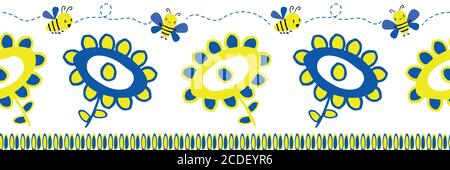 Nette kindliche Zeichnung von Blumen und kawaii Stil Bienen Vektor Grenze. Banner aus gelben, kobaltblauen kritzelten Blüten und fliegenden Insekten Wanzen auf Stock Vektor