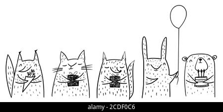 Tiere in einer Geburtstagsparty. Fuchs, Hase, Bär, Eichhörnchen und Katze mit Geschenken und Kuchen. Vektor-Illustration schwarz und weiß Doodle Stil Stock Vektor