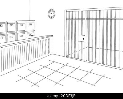 Polizei Büro Grafik Innenraum schwarz weiß Skizze Illustration Vektor Stock Vektor