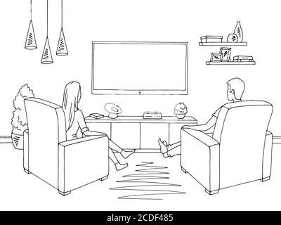 Wohnzimmer Grafik schwarz weiß Haus Interieur. Frau und Mann Skizze sitzen Fernsehen Illustration Vektor Stock Vektor