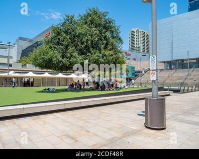 Menschen hängen unter dem Baum in Chatswood Lower North Shore an einem sonnigen Sommernachmittag Stockfoto