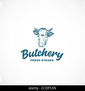 Frische Steak Metzgerei Abstrakt Vektor-Zeichen, Symbol oder Logo-Vorlage. Handgezeichnetes Kuhgesicht oder Kopf mit Retro-Typografie. Vintage-Emblem. Stock Vektor