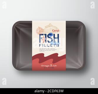 Fischfilets Pack. Abstrakter Vektor Fisch Kunststoff Tray Container mit Cellophan Cover. Verpackungsdesign-Etikett. Moderne Typografie Handgezeichnete Spiegel Karpfen Stock Vektor