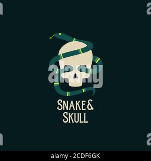 Schlange und Schädel abstrakte Vektor-Zeichen, Symbol oder Logo-Vorlage. Flache Darstellung. Schwarzer Hintergrund und schäbige Texturen Stock Vektor