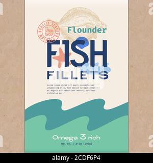 Fischfilets. Abstrakt Vektor Fisch Verpackung Design oder Etikett. Moderne Typografie, handgezeichnete Flunder oder Plattfisch Silhouette und bunte Elemente Stock Vektor