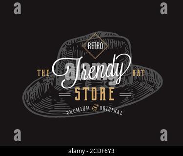 Trendy hat Store Retro Typografie Abstrakt Vektor Zeichen, Symbol oder Logo Vorlage. Handgezeichnetes Vintage Hutemblem. Schwarzer Hintergrund Stock Vektor