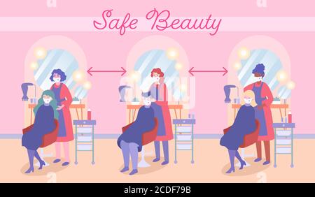 Soziale Distanzierung in Schönheitssalons während einer Coronavirus-Pandemie. Friseure schneiden Kunden, unter Berücksichtigung der Präventionsregeln Stock Vektor