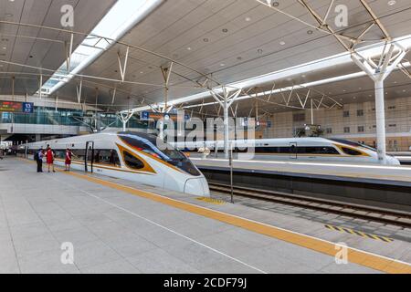 Tianjin, China - 29. September 2019: Fuxing Hochgeschwindigkeitszüge Tianjin Bahnhof in China. Stockfoto