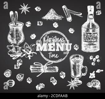 Set Flaschen Bourbon, Gläser, Eierstich weihnachten Gewürz auf schwarzem Kreidetafel Hintergrund Vintage handgezeichnete Skizze Design Bar, Restaurant, Café-Menü Stock Vektor