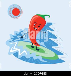Fröhliche rote Chilischote Karikatur rollt auf den Wellen des Meeres auf einem Surfbrett. Heller Gemüsepfeffer Charakter. Freizeit auf See, sportliche Unterhaltung, Stock Vektor