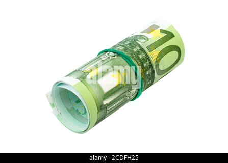 Rolle von 100 Euro Noten mit einem Gummiband umwickelt. Stockfoto
