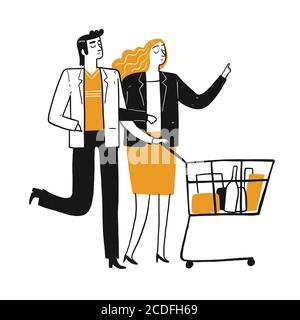 Die Zeichnung Charakter der Menschen sind einkaufen, Vektor-Illustration in Skizze Doodle-Stil. Stock Vektor