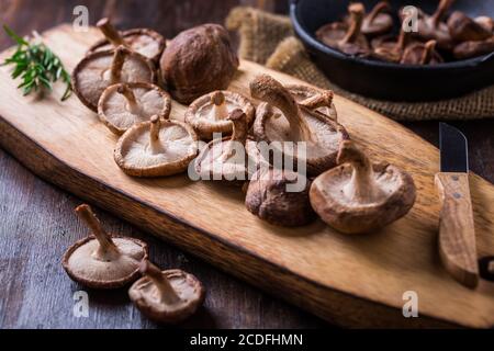 Köstliche Shiitake-Pilze mit Rosmarin auf Holzbrett schneiden. Stockfoto