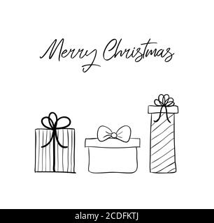 Weihnachten handgezeichnete Grußkarte. Vector minimal Karte mit Doodle goft Boxen. Frohe Weihnachten Stock Vektor